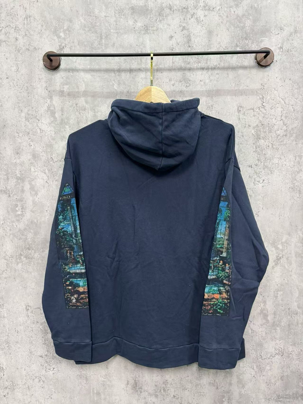 WHO DECIDES WAR Gothic Window Graphic Hoodie Navy Blue Unisex Oversized Streetwear Pullover