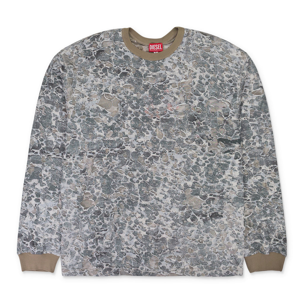 BEIGE CAMO BURN OUT PRINT LONG SLEEVE T-SHIRT