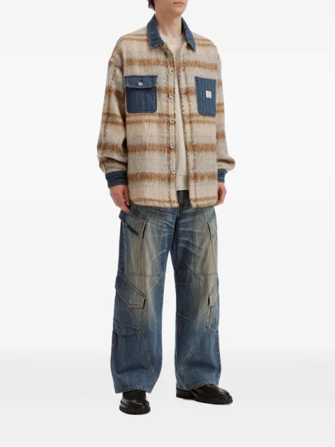 FIVE CM check-pattern denim-trim shirt