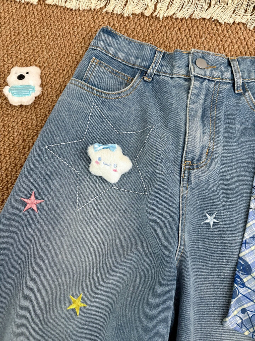 Bear Star Embroidery Plaid Scarf Wide Leg Denim Capri Pants