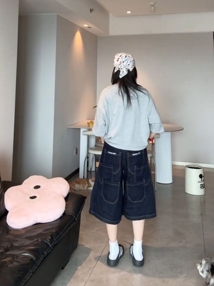 Multi-Pocket Cargo Denim Capri Pants Wide Leg Loose Straight Jorts