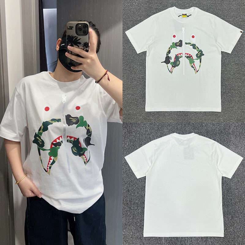 Bape Shark Camo Zip Graphic Oversized Tee Streetwear Unisex