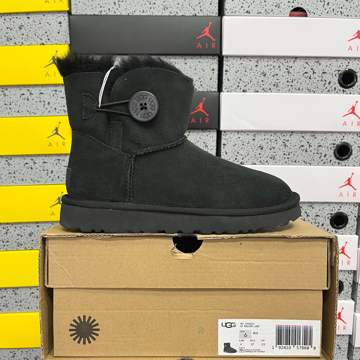 UGG Kallen Lace Mini Boot – Suede Ankle Boot with Tonal Shearling Cuff & Button Closure in Black