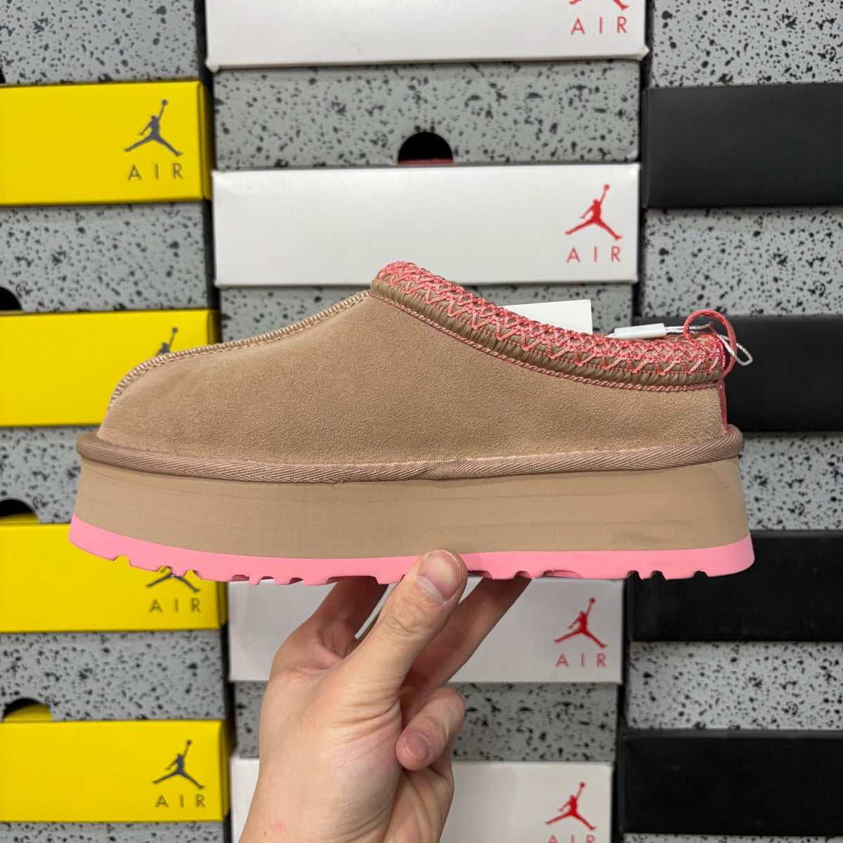 UGG Tazz Platform Slipper – Women’s Suede Clog with Pink Sole & Heart Embroidery in Sand