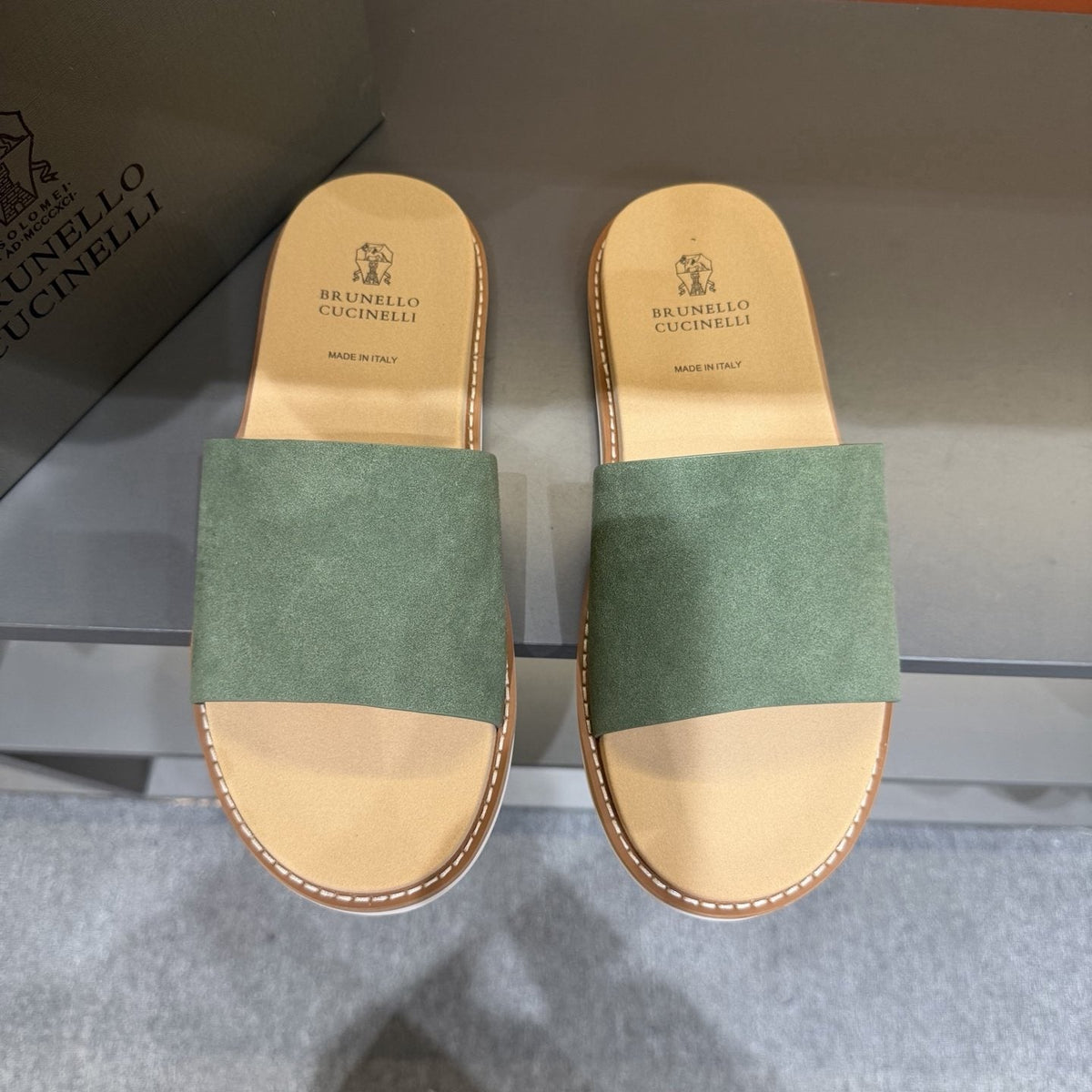 Brunello Cucinelli Men's Sage Green Slide Sandals