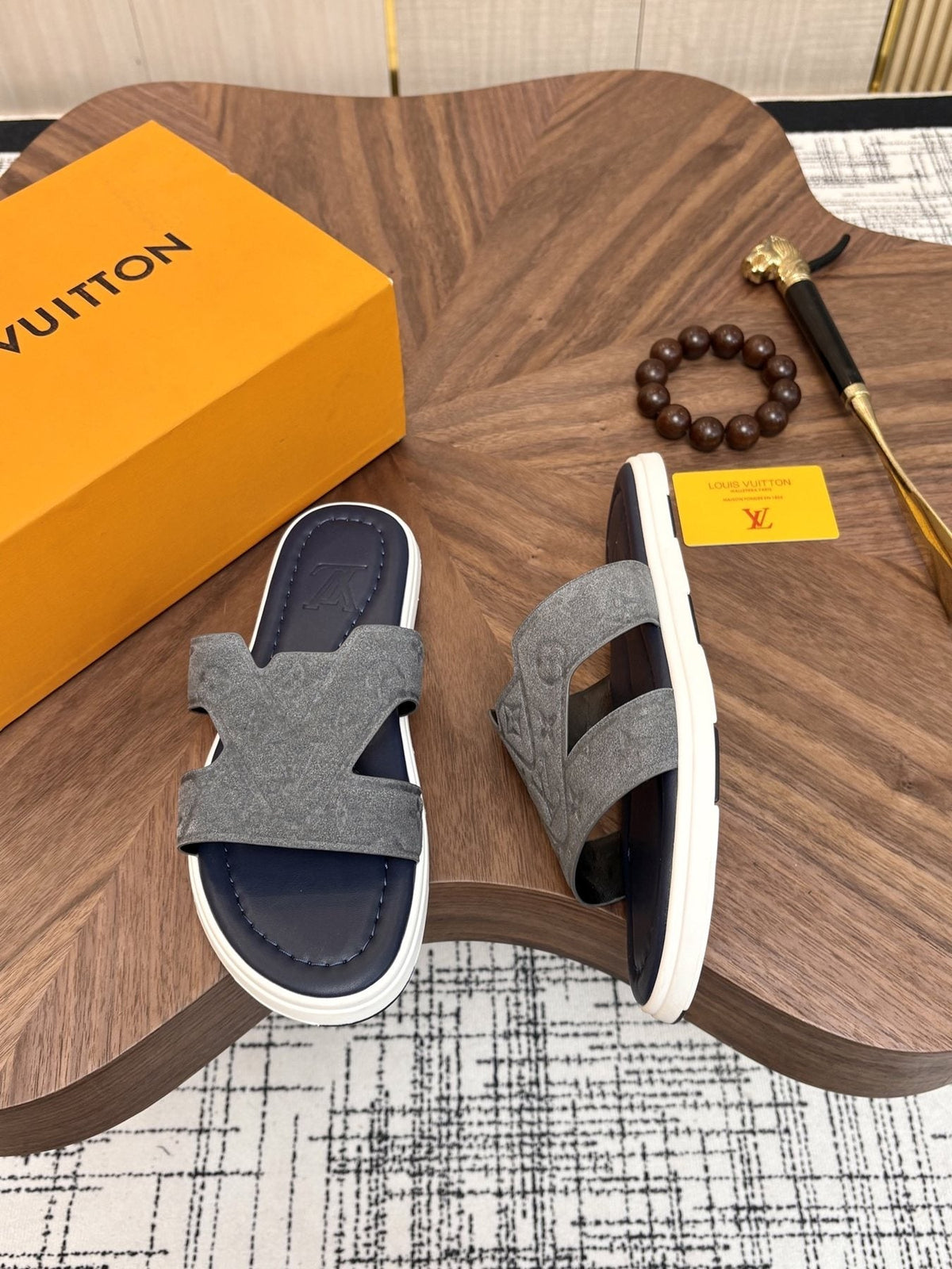 Louis Vuitton Embossed Navy Blue Slide Sandals