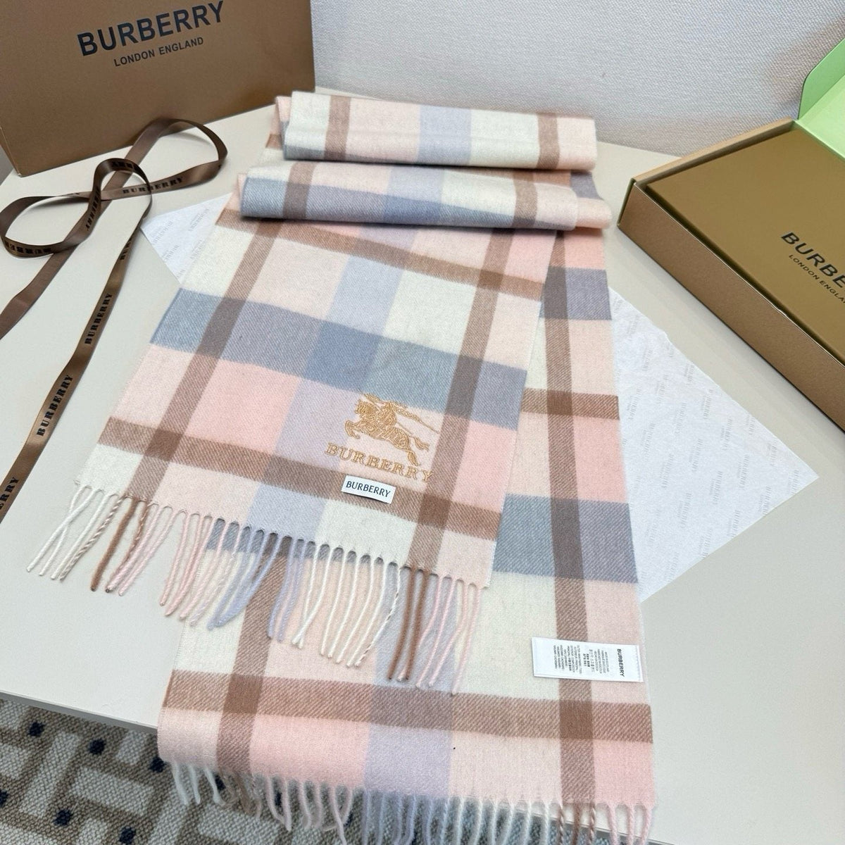 Burberry Cream Taupe Check Fringed Scarf