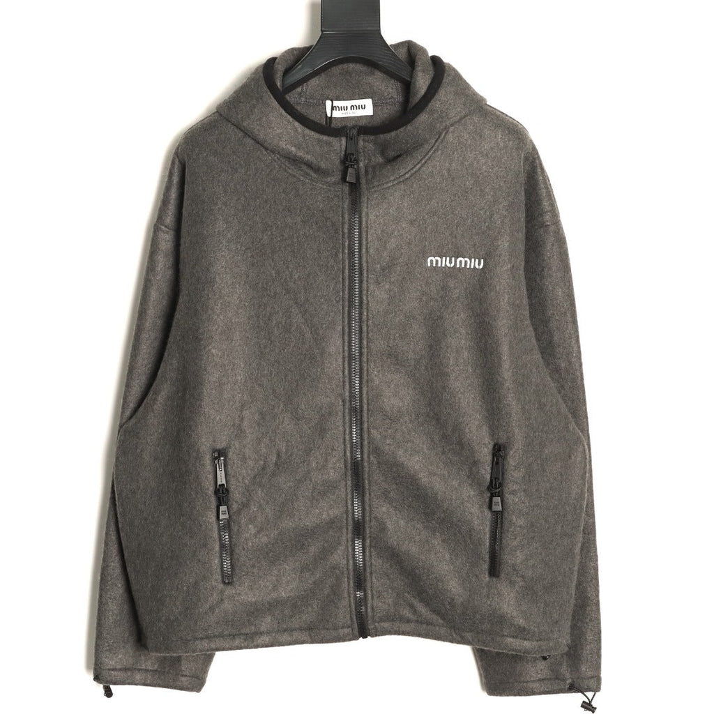 Miu Miu Logo-Embroidered Trim Fleece Hooded Jacket - Charcoal
